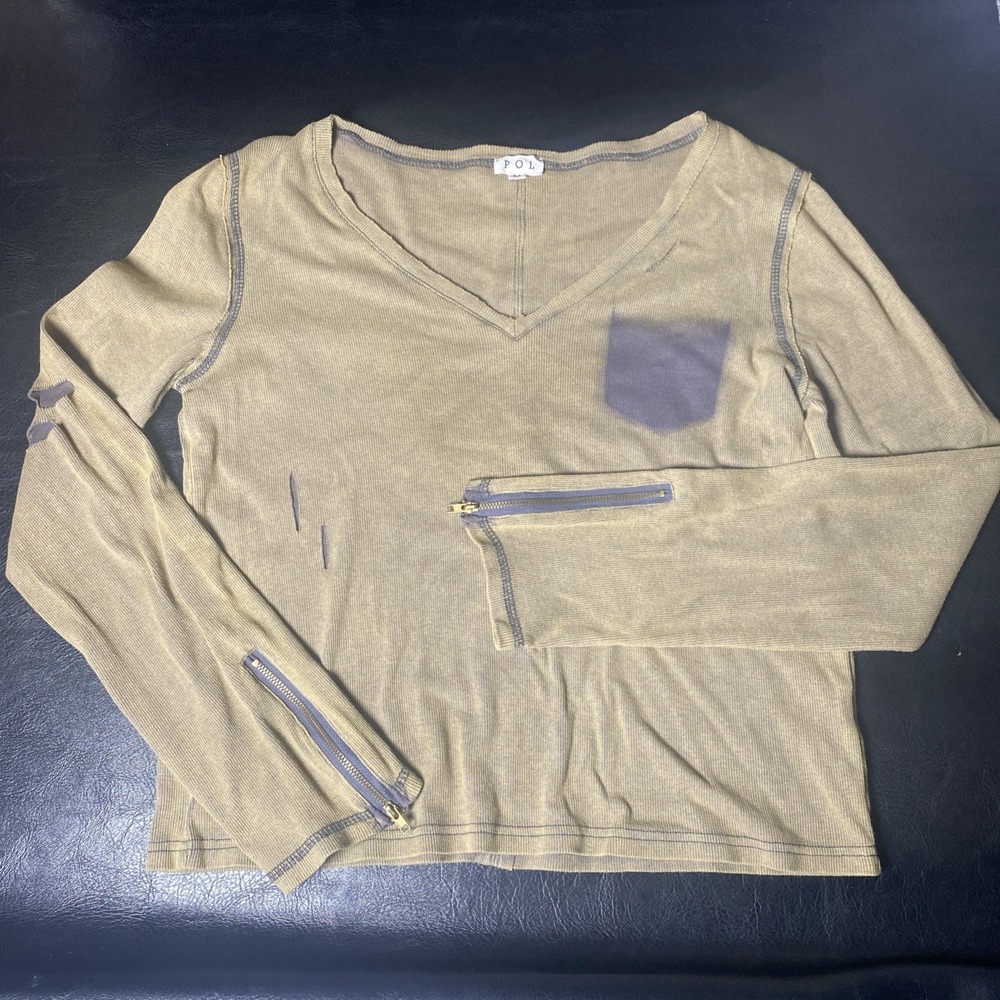 POL Distressed Brown Zip sleeves Distressed Frayed spray paint‎  Women's Med.